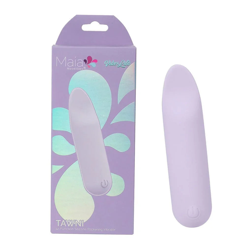 Maia Tawni bullet in Lavender with a flickering tip, beside its purple Maia box