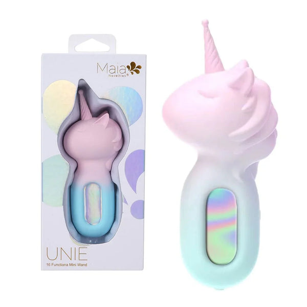Maia Unie unicorn wand vibrator in pink and blue with a horn, beside its Maia box