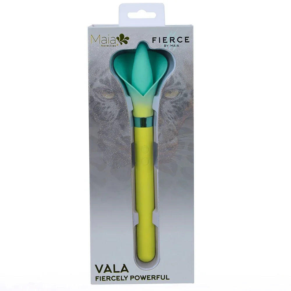 Maia Vala retail box, leopard artwork with the yellow flower vibrator pictured