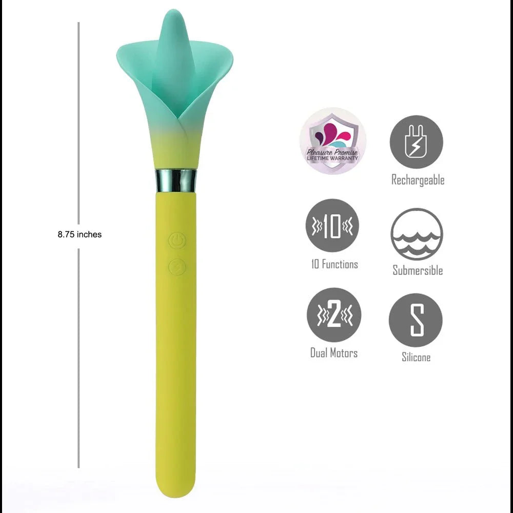 Maia Vala vibrator marked 8.75 inches with icons for dual motors and 10 functions