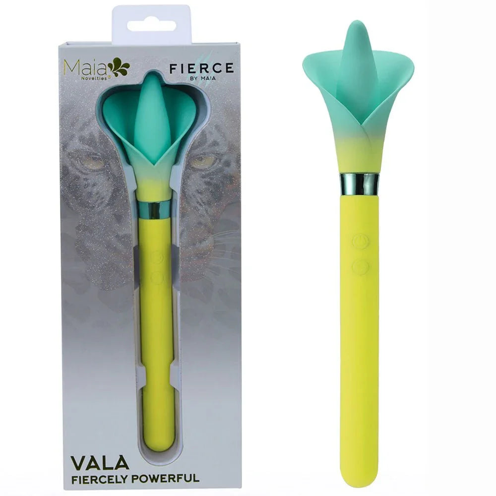 Maia Vala flower vibrator in Yellow with a green petal head, beside its Fierce box