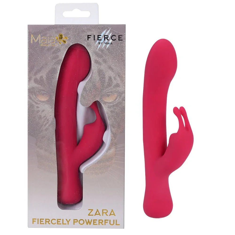 Maia Zara rabbit vibrator in Red, beside its leopard-print Fierce by Maia box