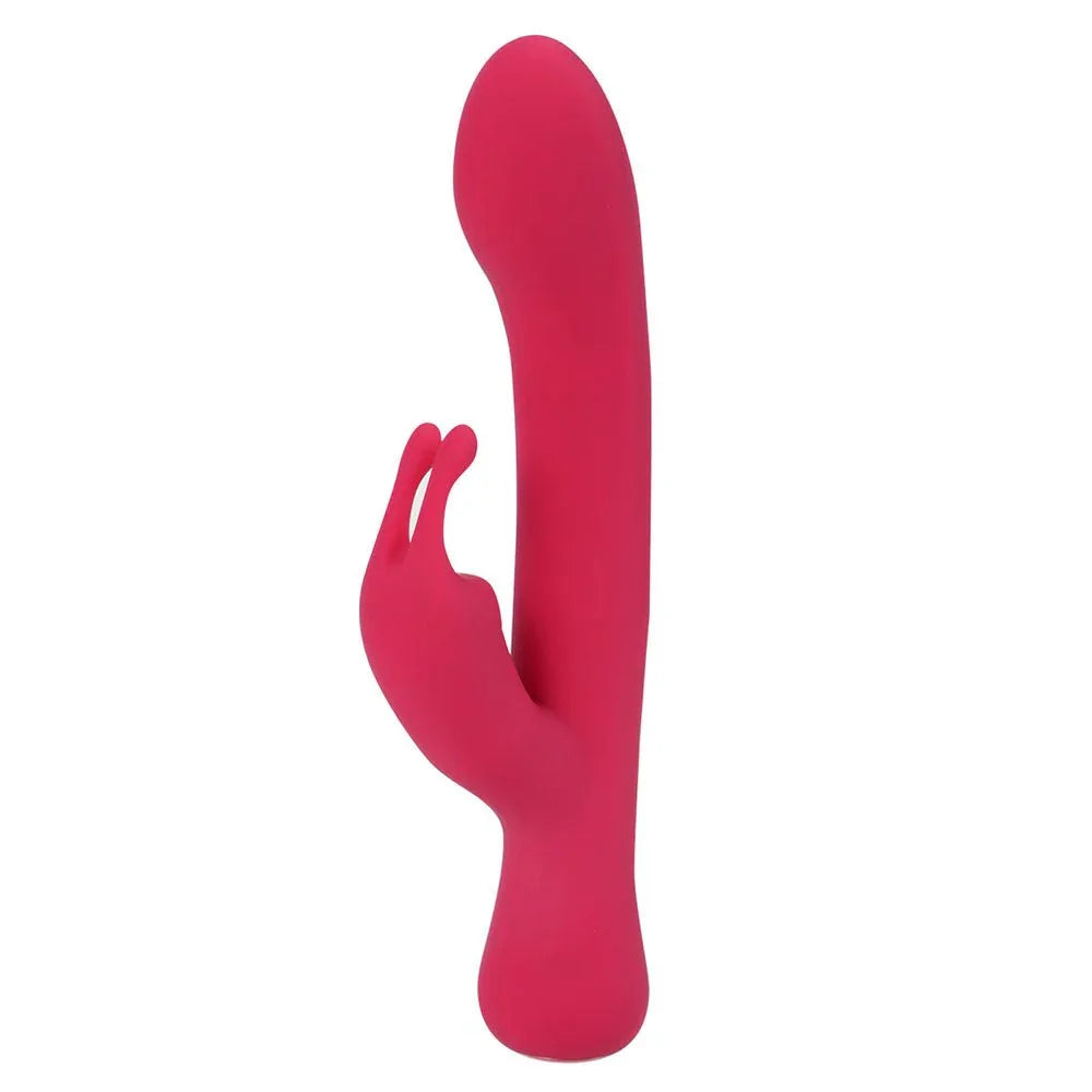 Maia Zara rabbit vibrator in Red, upright alone on white showing the curved shaft