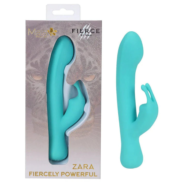 Maia Zara rabbit vibrator in Teal, beside its leopard-print Fierce by Maia box