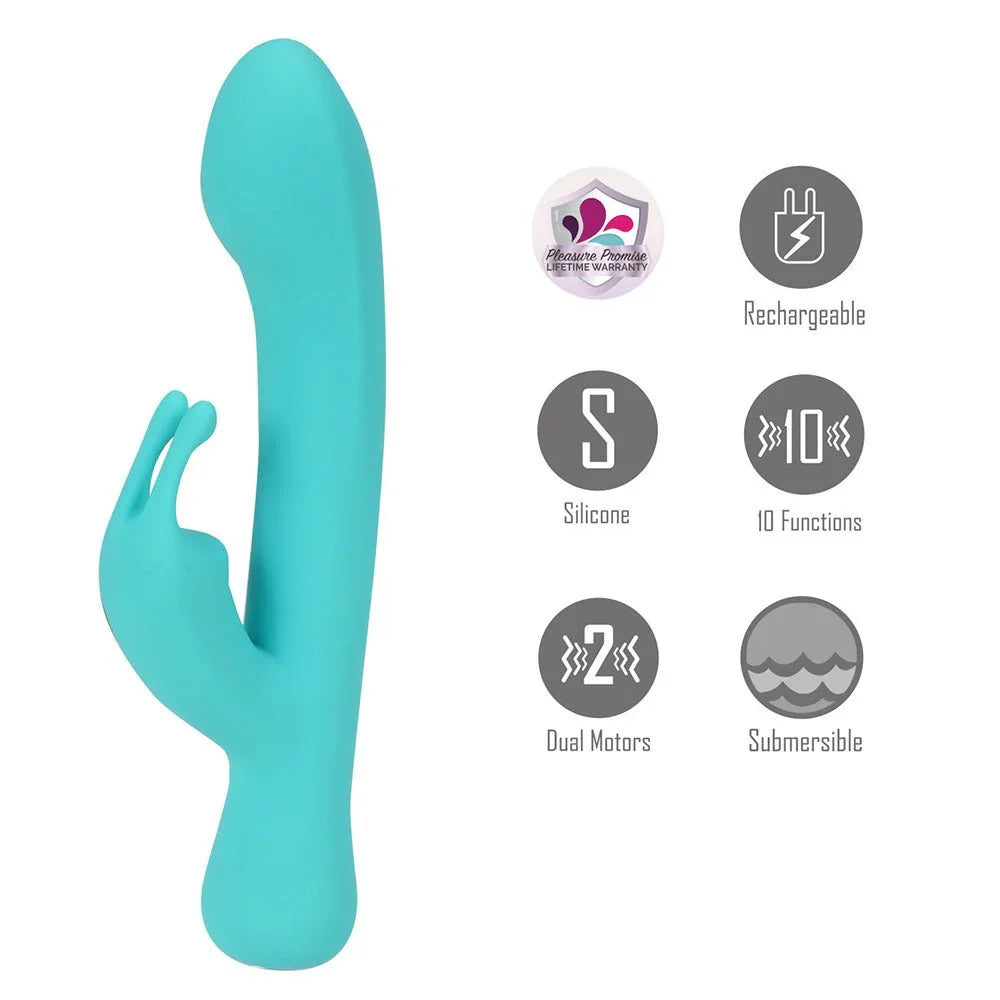 Maia Zara rabbit vibrator in Teal with icons for dual motors and 10 functions