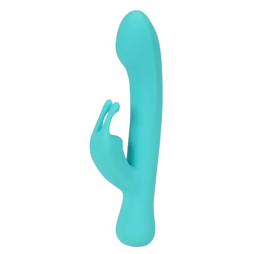 Maia Zara rabbit vibrator in Teal, upright alone on white showing the curved shaft
