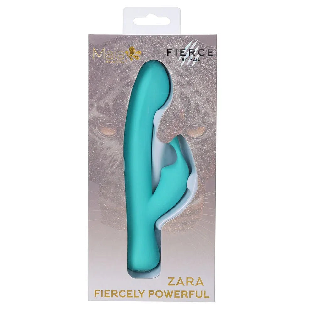 Maia Zara retail box, leopard artwork with the teal rabbit vibrator pictured