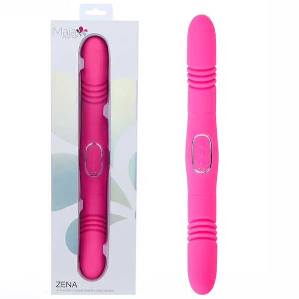 Maia Zena double ended thrusting vibrator in Pink, beside its Maia box
