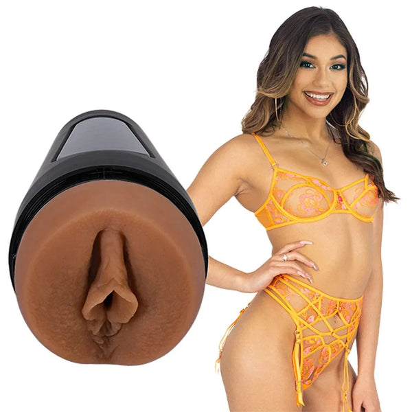 Main Squeeze Xxlayna Marie stroker in Tan, case and sleeve beside performer photo