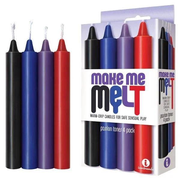 Make Me Melt passion tone drip candles in black, blue, purple and red beside their box