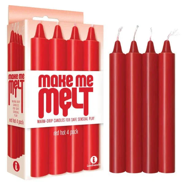 Make Me Melt red hot drip candles, four red tapers beside the four-pack box