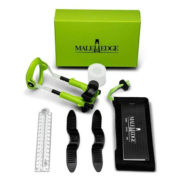 MaleEdge Extra kit in Green with rods, gauge, straps and case, box behind