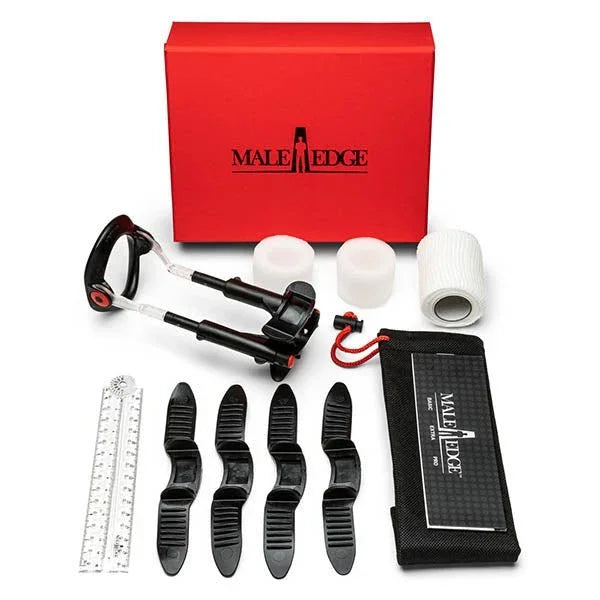 MaleEdge Pro kit in Red with four straps, gauge, tape and travel case
