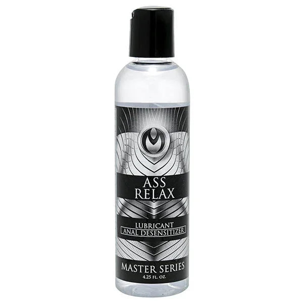 Master Series Ass Relax anal desensitising lubricant, clear bottle with a black and silver label