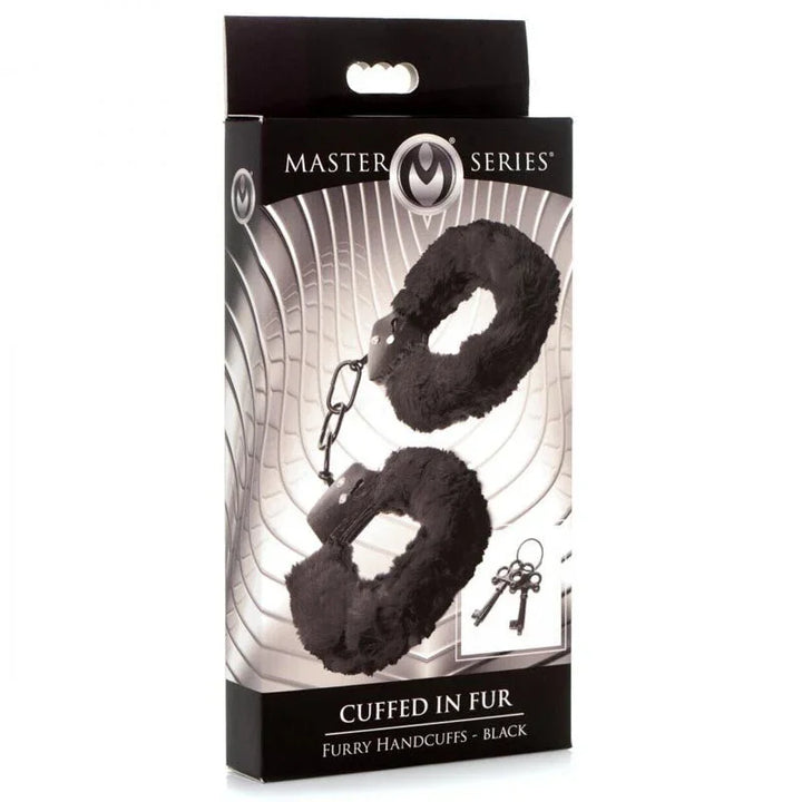 Master Series Cuffed in Fur retail box alone, front panel reading Furry Handcuffs - Black