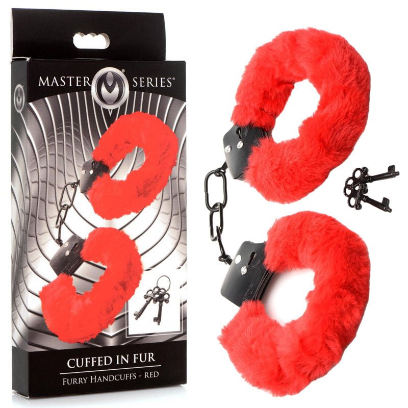 Master Series Cuffed in Fur - Red Fluffy Handcuffs – Sex toys NZ by Naughtyhut. Discreet delivery nationwide.