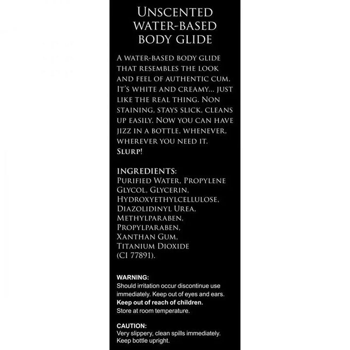 Back label of the Master Series Jizz bottle, listing the description and ingredients