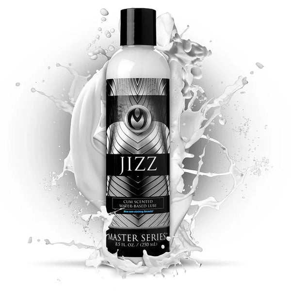 Master Series Jizz cum-scented lubricant, 250 ml bottle amid a splash of white liquid