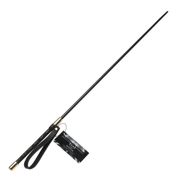 Master Series Sinful Impact cane in Black, thin rod with a looped wrist strap and hang tag