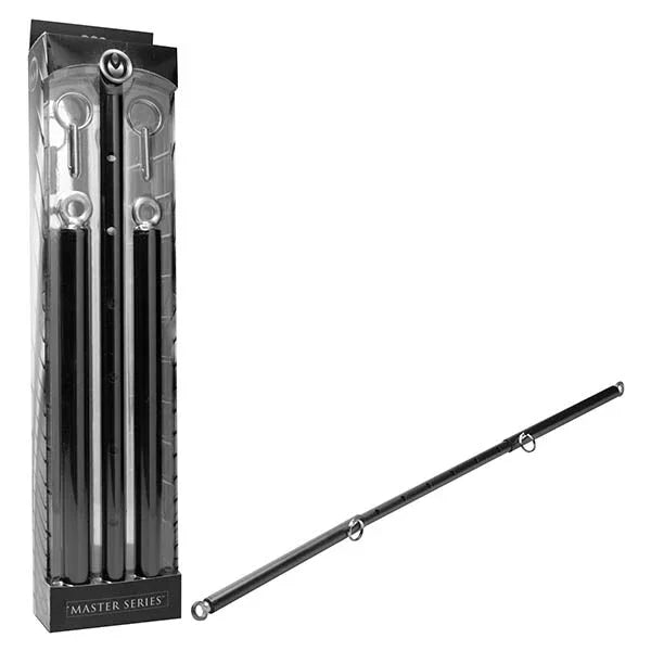Master Series black steel spreader bar assembled, beside its rods packed in the blister card