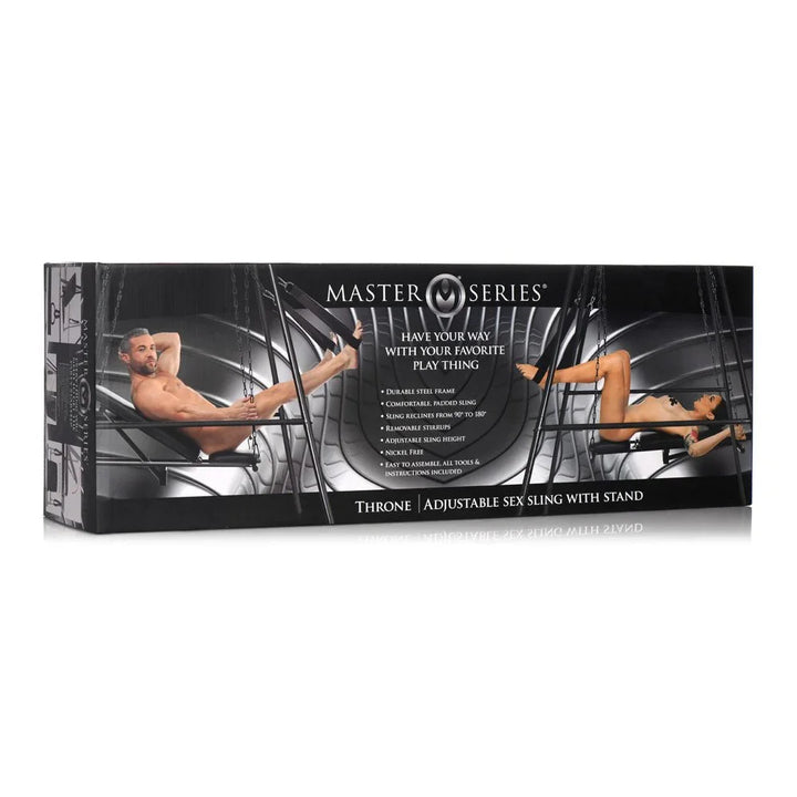 Master Series Throne retail box, long flat carton printed with the sling in use