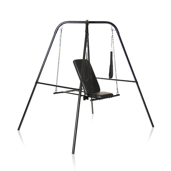Master Series Throne sex sling assembled on its black steel A-frame stand on white