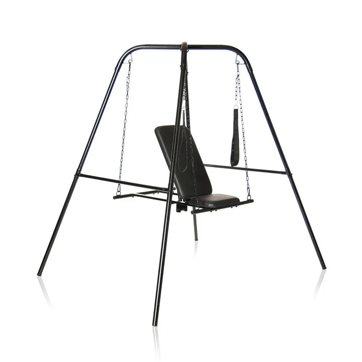 Master Series Throne sex sling assembled on its black steel A-frame stand on white