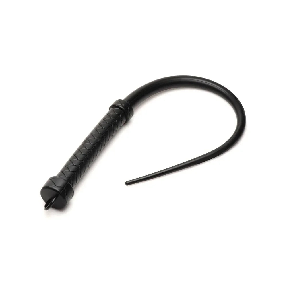 Viper Tail whip in Black coiled on white, braided handle and tapered silicone tail