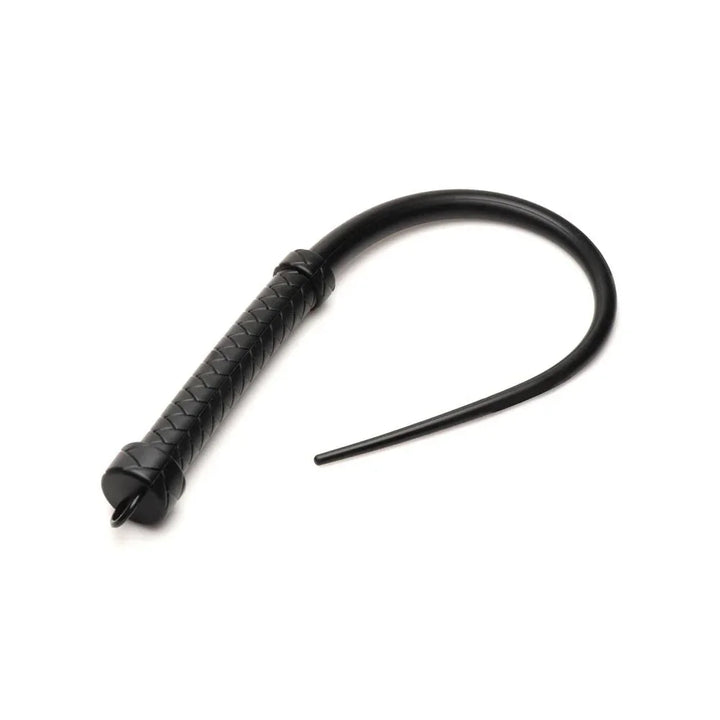 Viper Tail whip in Black coiled on white, braided handle and tapered silicone tail
