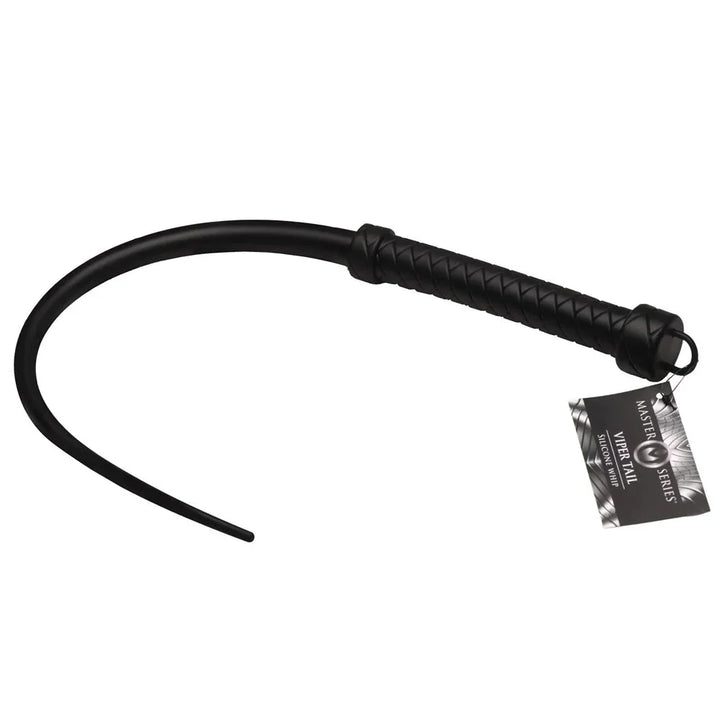 Master Series Viper Tail silicone whip in Black, laid out on white with its hang tag