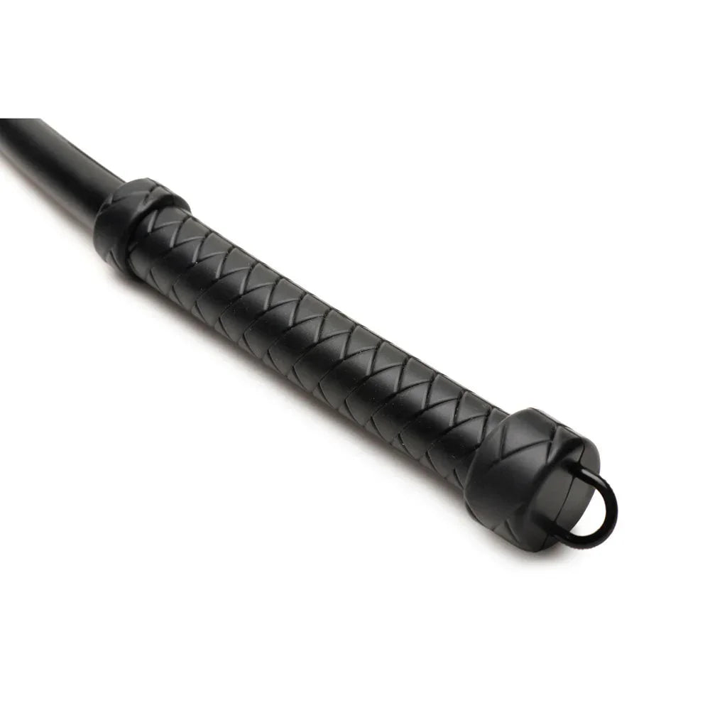 Close-up of the Viper Tail's braided black handle and its metal hanging ring