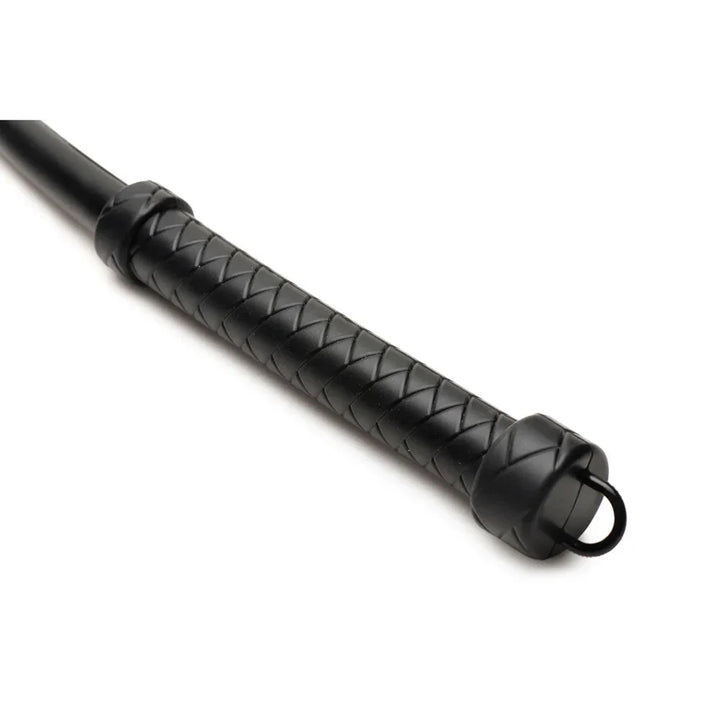 Close-up of the Viper Tail's braided black handle and its metal hanging ring