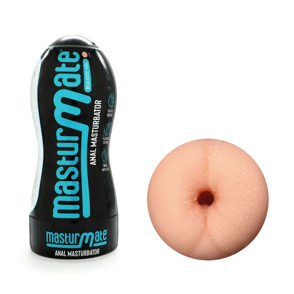 Masturmate anal stroker in Cream, black case beside the rear-entry sleeve