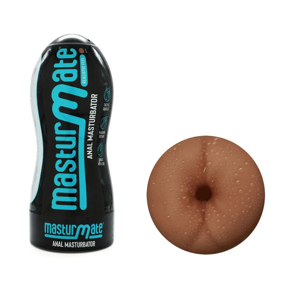 Masturmate anal stroker in Mocha, black case beside the deep-tone sleeve