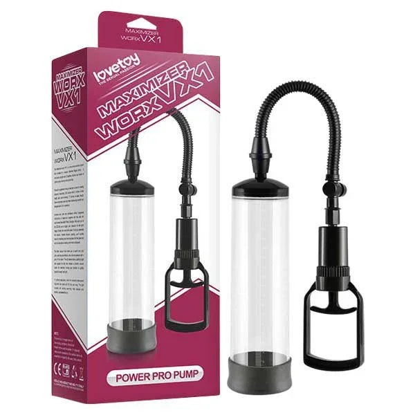 Lovetoy Maximizer Worx VX1 penis pump, clear cylinder with black trigger handle and its box