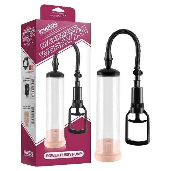 Lovetoy Maximizer Worx VX1 pussy pump, clear cylinder with vagina sleeve, and its box