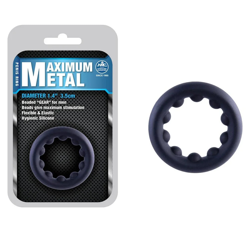 Maximum Metal 35 mm cock ring in Black, beaded silicone ring beside its blister card