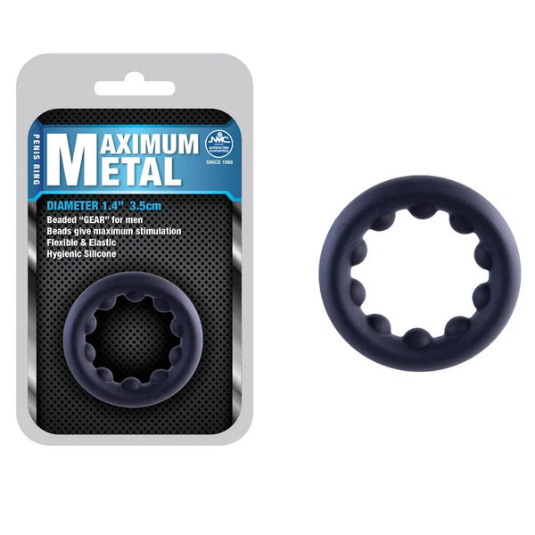 Maximum Metal 35 mm cock ring in Black, beaded silicone ring beside its blister card
