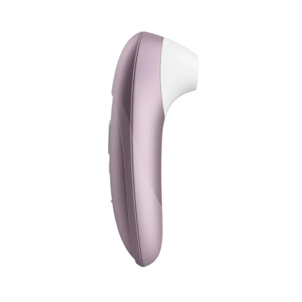 Womanizer Pro in Lilac, white suction head, curved side view
