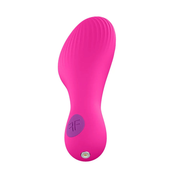 Femme Funn Lay-On Vibrator in pink, ribbed contoured top with FF logo