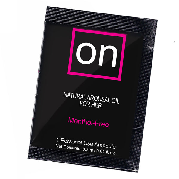 On Natural Arousal Oil for Her, black single-use ampoule packet, menthol-free
