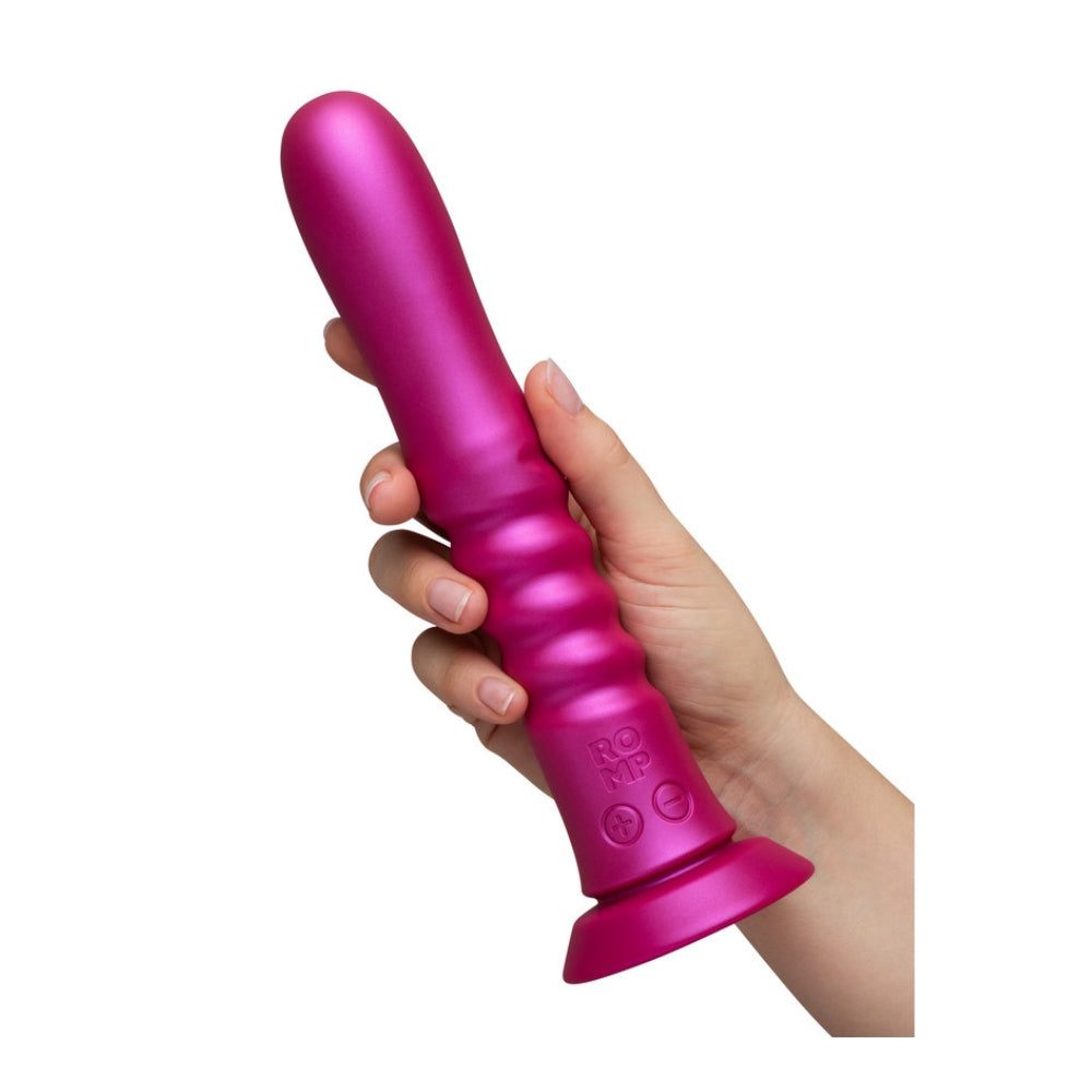 Romp Jiggle held in a hand, showing the ribbed lower shaft
