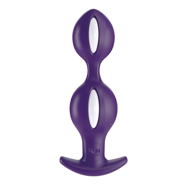 Fun Factory B Balls in Dark Violet, twin weighted balls upright on anchor base