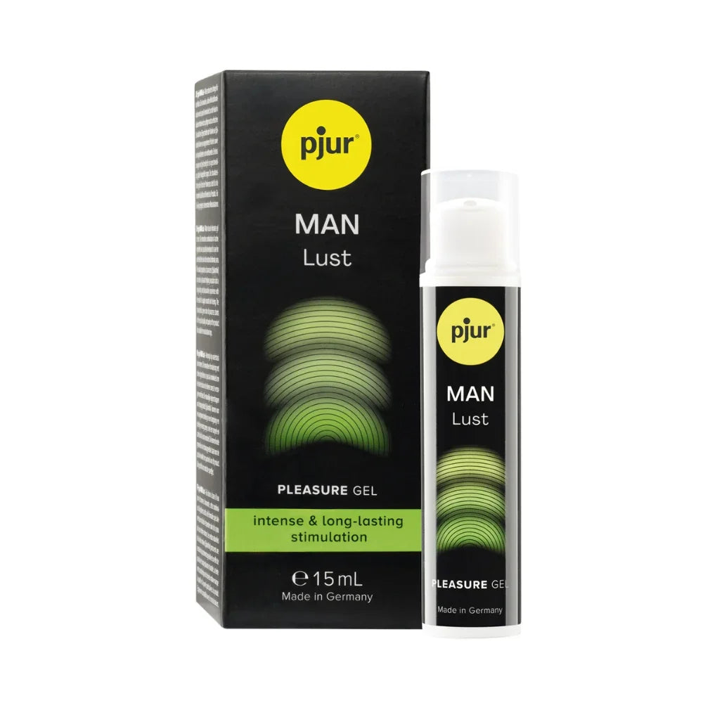 pjur MAN Lust pleasure gel, 15 ml pump bottle beside its black and green box