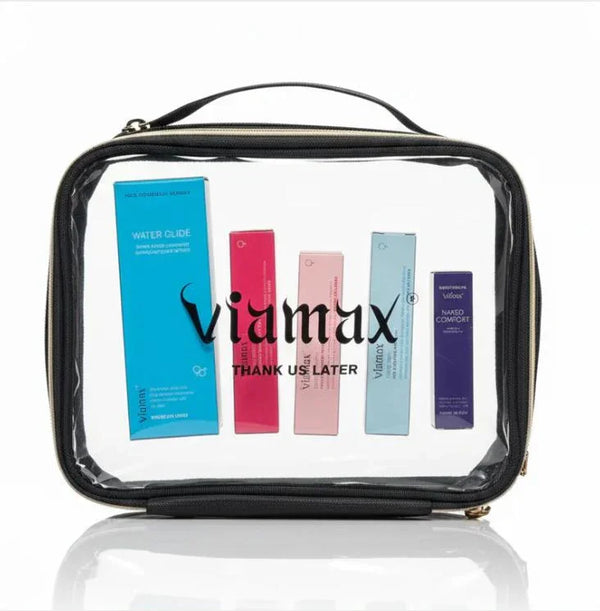 Viamax Weekend Kit, clear zip travel case holding five boxed minis