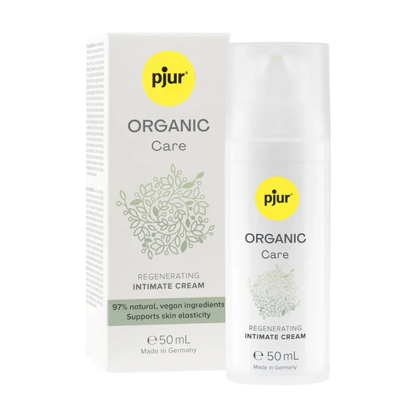 pjur Organic Care intimate cream, 50 ml airless pump beside its white box