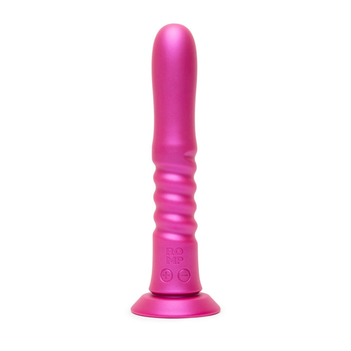 Romp Jiggle thrusting dildo in Pink, upright on its suction base