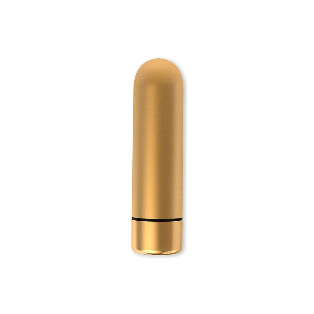 The Metallic Rechargeable Bullet is a small, smooth gold cylinder with a rounded top and flat bottom. It features 9 vibration modes, a hypoallergenic design, and a sleek finish. A thin black line encircles its base against a plain white background, combining functionality with elegance.