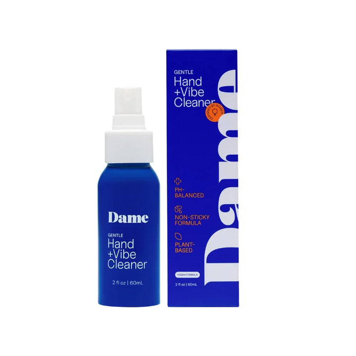 Dame Hand and Vibe Cleaner, blue 60 ml spray bottle beside its box
