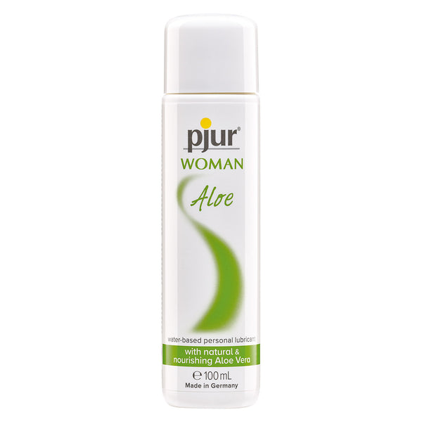 pjur Woman Aloe, white 100 ml bottle with green aloe swirl on the label